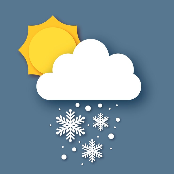 वेक्टर falling snow. sun and cloud. paper cut weather. white snowflakes. winter time. 