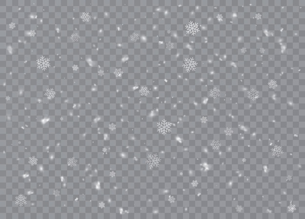 Falling. Snowflakes, snow background, snow flakes. Christmas snow for the new year.  Heavy snowfall, snowflakes in different shapes and forms. Vector illustration.