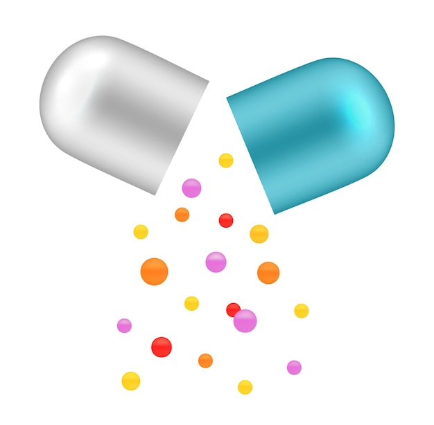 Falling vitamins from open capsule. Realistic pills, medicine or pharmaceutical science research. Isolated drugs vector concept. Illustration pill closeup supplement, realistic multivitamin medication