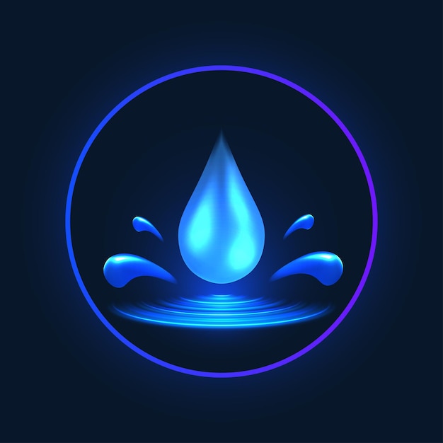 Vector falling water drop d neon glowing illustration water resistant and waterproof sign hydration and