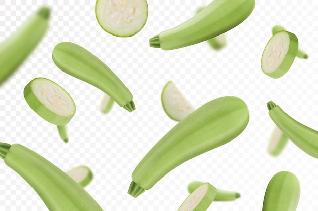 Vettore zucchine che cadono isolate su sfondo trasparente verdure di zucchine intere e affettate volanti con effetto sfocato può essere utilizzato per la stampa di poster di banner di imballaggio pubblicitario realistico vettore 3d