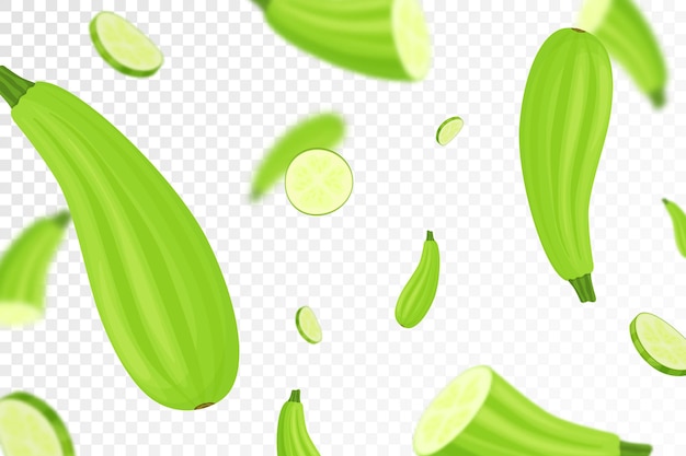 Falling zucchini isolated on transparent background Flying whole and sliced zucchini vegetable with blurry effect Can be used for advertising packaging banner poster print vector flat design