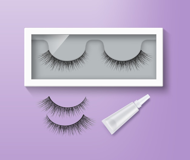 Vector false eyelashes in packaging and glue tube. pair of black long lashes on purple background