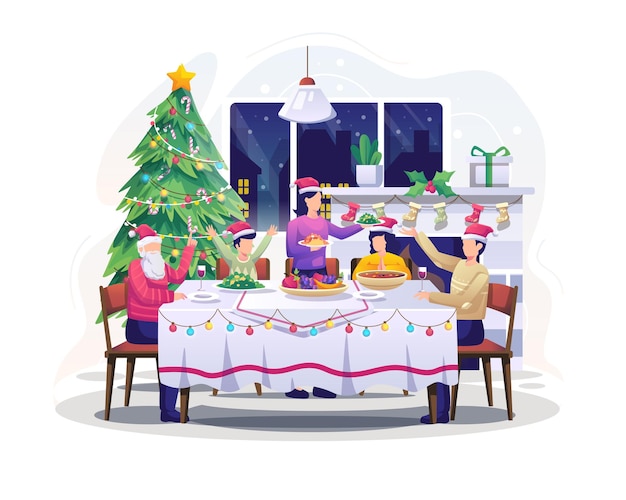 Familie aan tafel zitten en dineren viert Kerstmis en Nieuwjaar illustratie