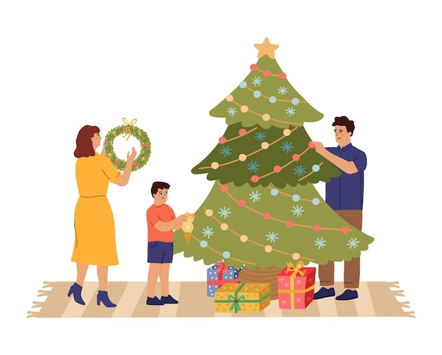 Familie bereidt kerst voor Kind versiert boom vader en moeder met kerstkrans Ouders met zoon gezellig thuis wintervakantie vectorscène