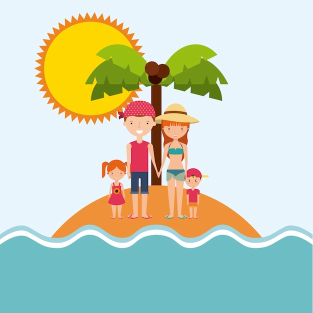 familie cartoon eiland palmboom pictogram