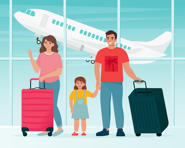 Familie die op de luchthaven met koffers reist. tijd om concept te reizen. vectorillustratie in vlakke stijl