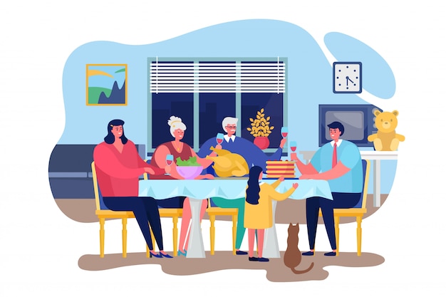 Familie diner illustratie, cartoon gelukkige mensen samen dineren in woonkamer interieur, thanksgiving vieren diner