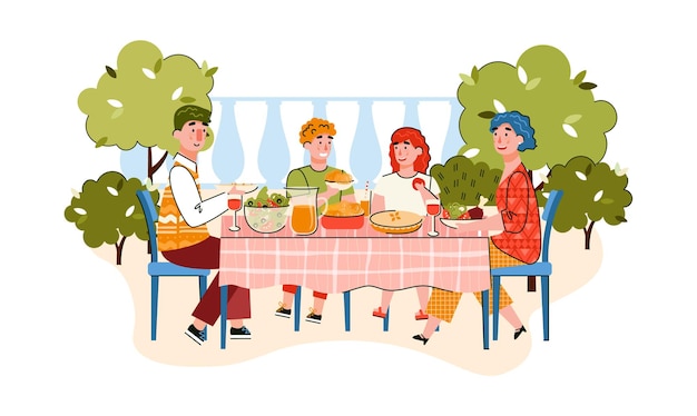 Familie eten in tuin of huis achtertuin cartoon vectorillustratie geïsoleerd