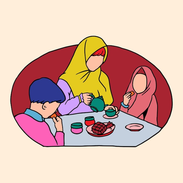 familie eten tijdens Eid Islamitische ontwerpillustratie voor gelukkige Eid AlFitr of Ramadan