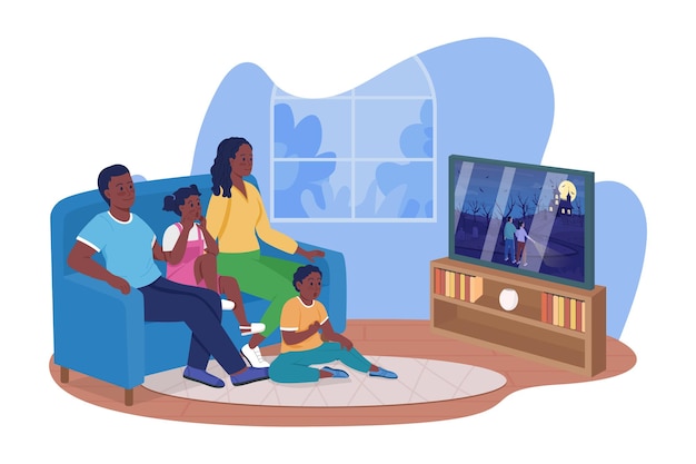Familie filmavond op Halloween 2D vector geïsoleerde illustratie