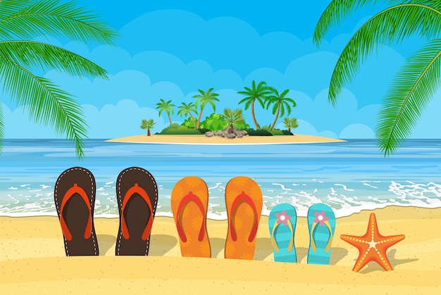 Familie flip-flops op het strand met de zee