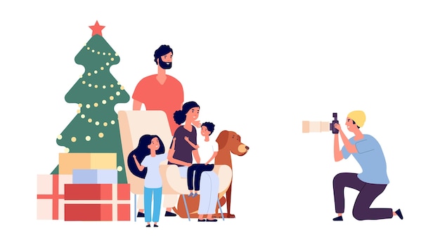 Vector familie foto. gelukkige familie moeder vader dochter zoon hond en fotograaf. kerst foto. professioneel fotograafkarakter