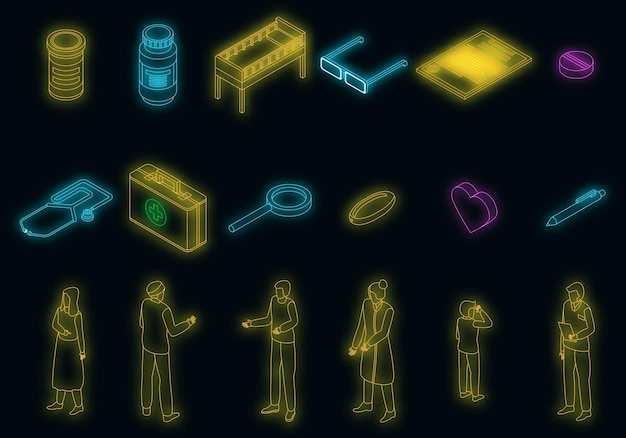 Familie gezondheidskliniek pictogrammen instellen vector neon