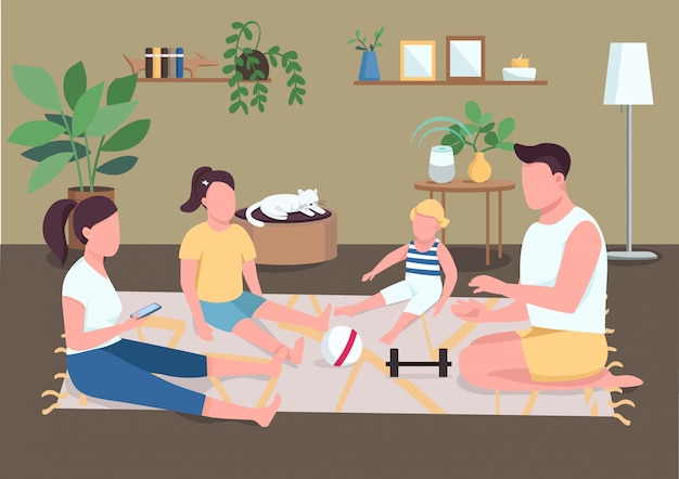 Familie hechting egale kleur illustratie. ochtendroutine voor ouders en kinderen. vader en moeder ontspannen met kinderen na het sporten. familieleden 2d stripfiguren met interieur op achtergrond