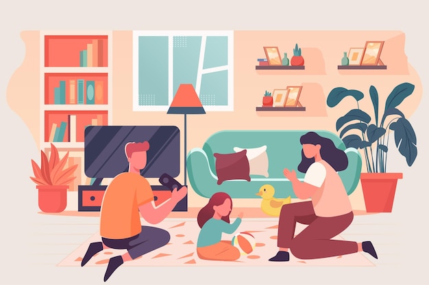 Familie het spelen van spelen in woonkamer met bank en boekenkast in vectorillustratie als achtergrond