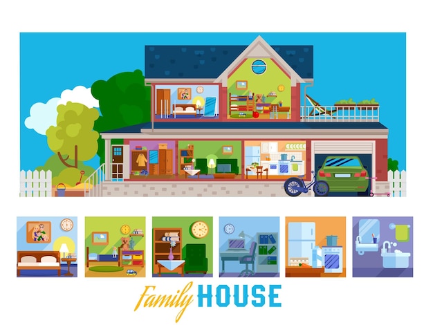 Vector familie huis illustratie met kamers