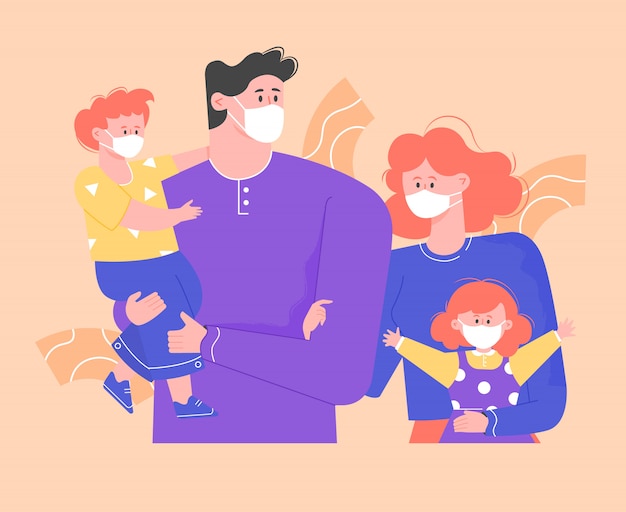 Familie in beschermende medische maskers. Vader, moeder, zoon en dochter verspreiden de virale infectie niet samen. Gezondheid en verantwoord gedrag tijdens een pandemie en quarantaine. vlakke afbeelding.