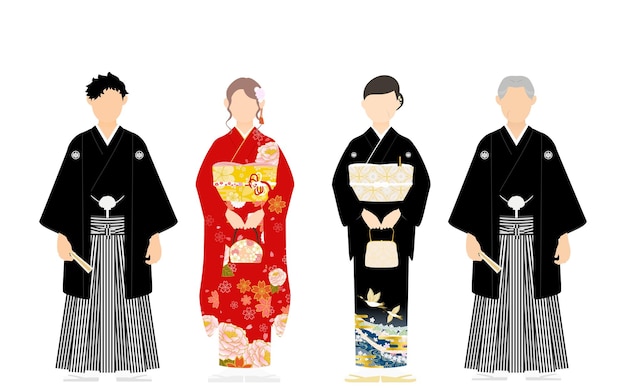 Familie in Kimono, Montsuki Hakama en Furisode, Kurotomesode