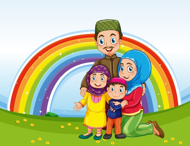 familie in traditionele kleding met regenboog achtergrond