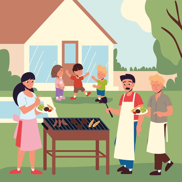 Familie koken grillen vlees