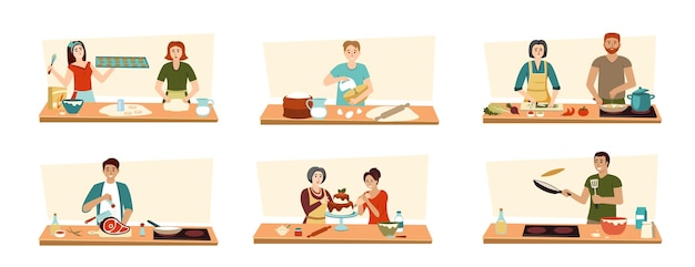 Familie koken mannelijke en vrouwelijke personages koken in de keuken koken, braden en snijden van voedsel Cartoon vectorillustraties