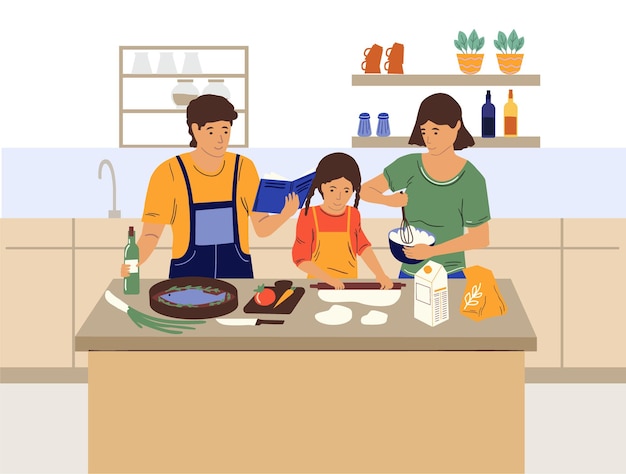 Familie kookt in de keuken Ouders en dochter bereiden samen een etentje voor Moeder maakt deeg Vader friet vis Meisje snijdt groenten Voedselbereiding Vectorillustratie
