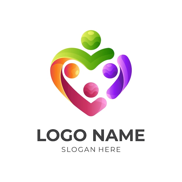 Familie liefde logo vector mensen en liefde combinatie logo met 3D kleurrijke stijl