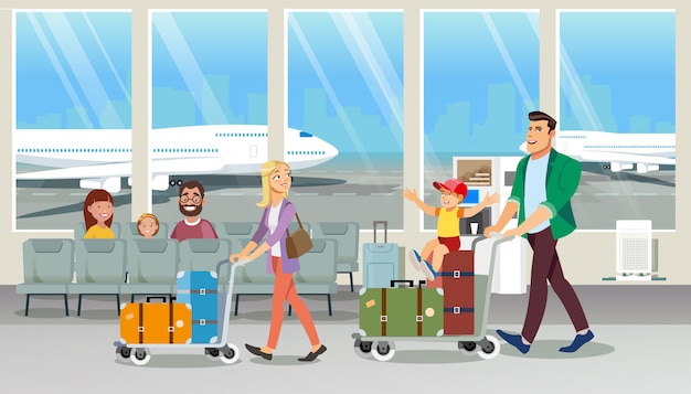 Familie met bagage in luchthaven Cartoon Vector