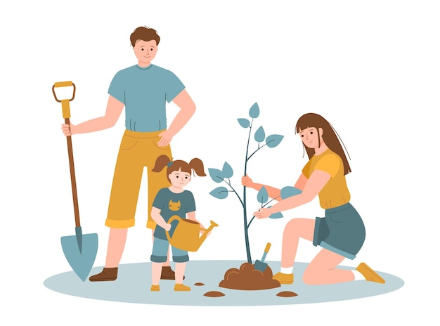 Familie met gieter en schop plant een boom. Tekens zaailing tuin. ecologische levensstijl