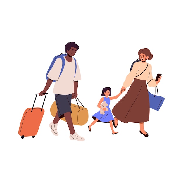 Familie met kind gaan met bagage tassen Ouders en kind toeristen reizen wandelen met bagage koffers Passagiers moeder vader en meisje platte vectorillustratie geïsoleerd op witte achtergrond