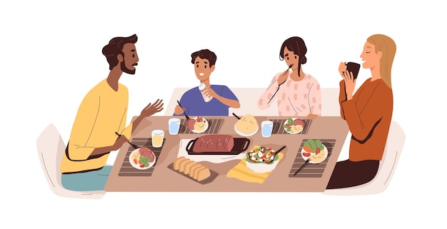 Familie met kinderen die thuis eten aan de eettafel Vader moeder en kinderen bij het diner Gelukkige ouders zoon en dochter genieten van een maaltijd met vlees Vlakke vectorillustratie geïsoleerd op witte achtergrond