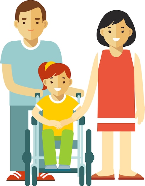Vector familie moeder vader en gehandicapt kind meisje in rolstoel