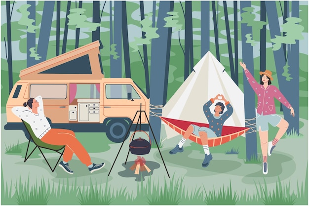 Familie of vrienden avontuur camping scène tent kampvuur trailer hangmat