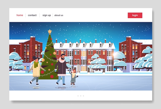 Vector familie op ijsbaan vrolijk kerstfeest nieuwjaar winter vakantie concept ouders en kind tijd samen doorbrengen stadsgezicht volle lengte vlak horizontaal vector illustratie