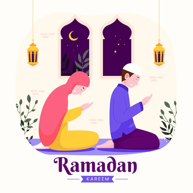 Familie ramadan kareem mubarak met moslimouders bidden tijdens het vasten 's nachts lantaarn en halve maan,