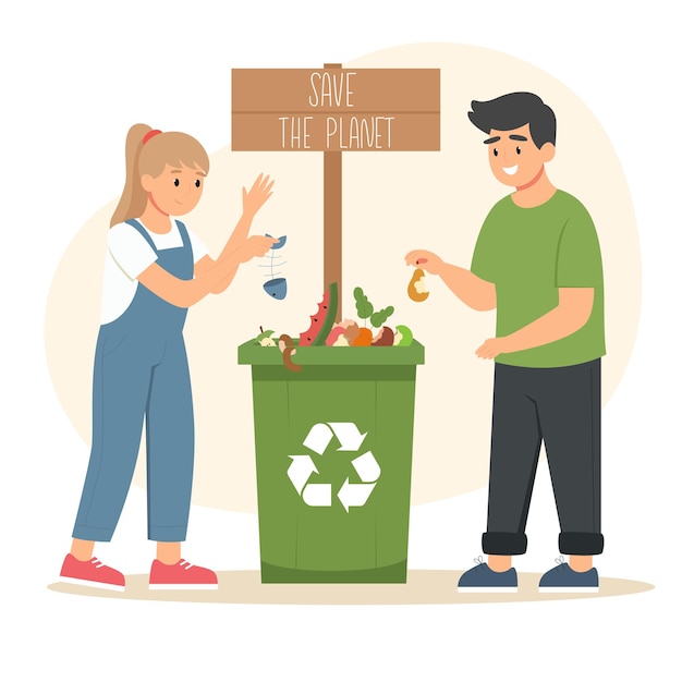 Familie recycleert vuilnis Man en vrouw verzamelen organisch afval gooien vuilnis in een vuilnisbak