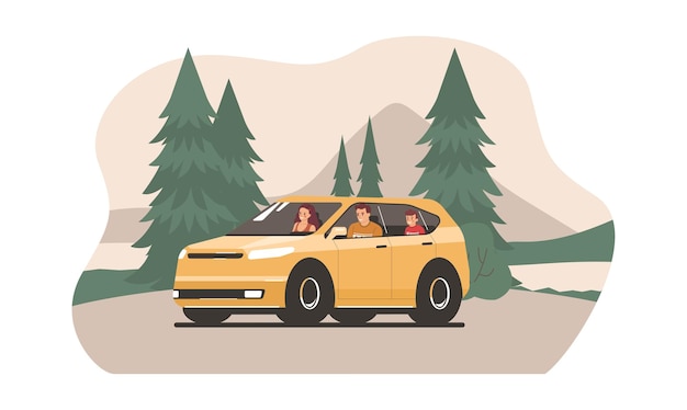 Familie rijdt in een suv-auto op een bosweg. vector illustratie.