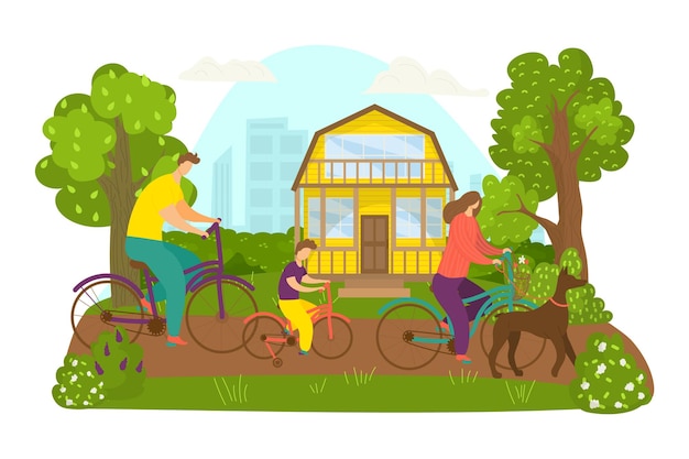 Vector familie rit fiets, vectorillustratie. man vrouw mensen karakter op de fiets, sportactiviteit in het park, vrije tijd in de buitenlucht met cartoon kind, hond. samen rijden in de buurt van huis, actieve zomervakantie.