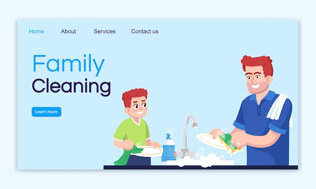 Familie schoonmaak bestemmingspagina vector sjabloon. afwassen samen website-interface idee met platte illustraties. huishoudelijke klusjes homepage lay-out. huishoudelijke cartoon webbanner, webpagina