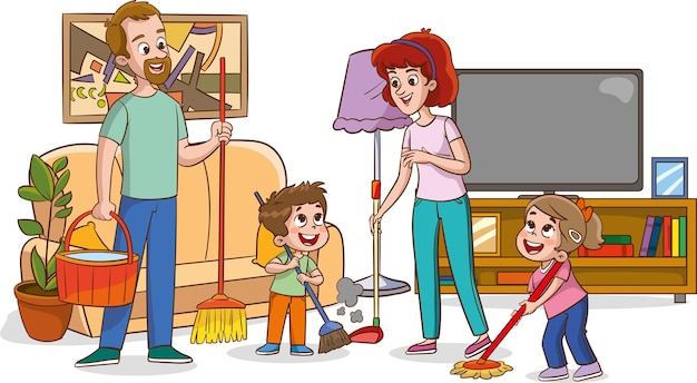 Familie schoonmaakhuis Cartoon illustratie van familie schoonmaakhuis vector