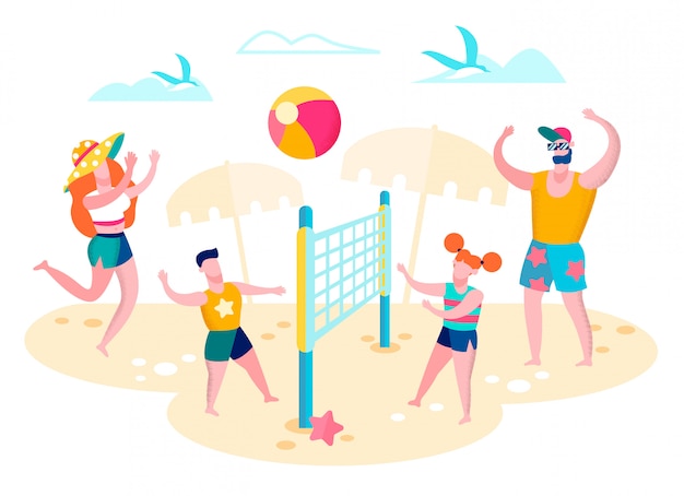 Familie speelvolleybal op strand Vector Concept