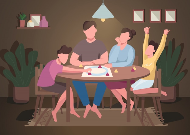 Familie spel bordspel egale kleur illustratie. Avondentertainment voor kinderen en ouders. Pappa en mamma spelen tafelspel. Familieleden 2D stripfiguren met interieur op achtergrond