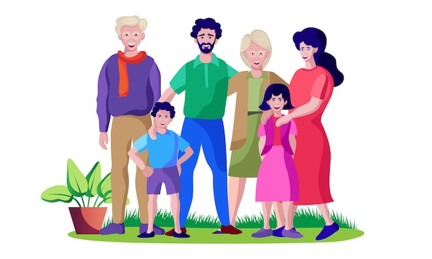 familie staande vader moeder en kinderen met grootouders