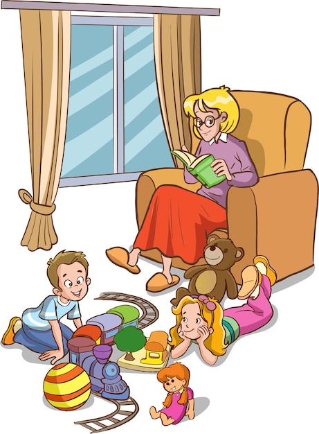 familie tekening. vrouw leesboek en kinderen spelen cartoon vector