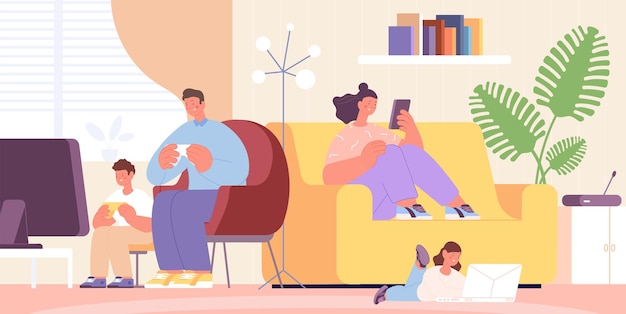 Familie thuis met gadget Ouders kinderen gebruiken smartphone en spelen computer Moderne digitale levensstijl Social media verslaving volslagen vectorscène