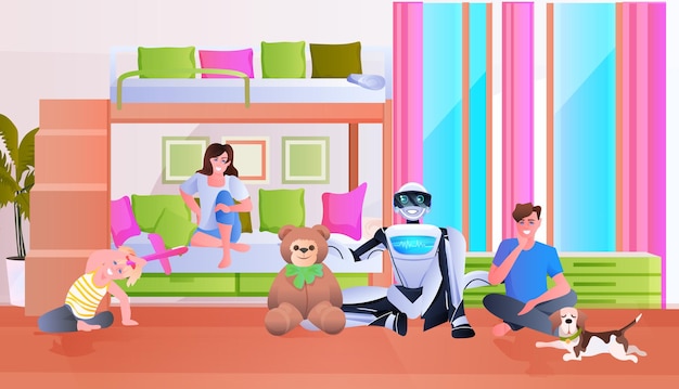 Familie tijd doorbrengen met moderne robot kunstmatige intelligentie technologie concept