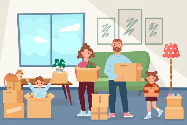 Familie verhuist naar nieuw huis Gelukkige ouder en kinderen houden dozen met huishoudelijke spullen vast Moeder vader kinderen en kat verhuizen