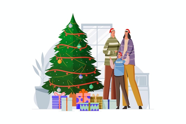 Familie viert Kerstmis met familieillustratie