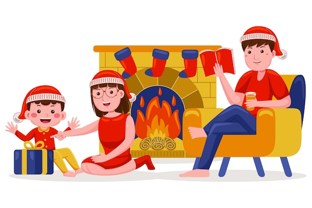 Familie viert Kerstmis met open haard vectorillustratie